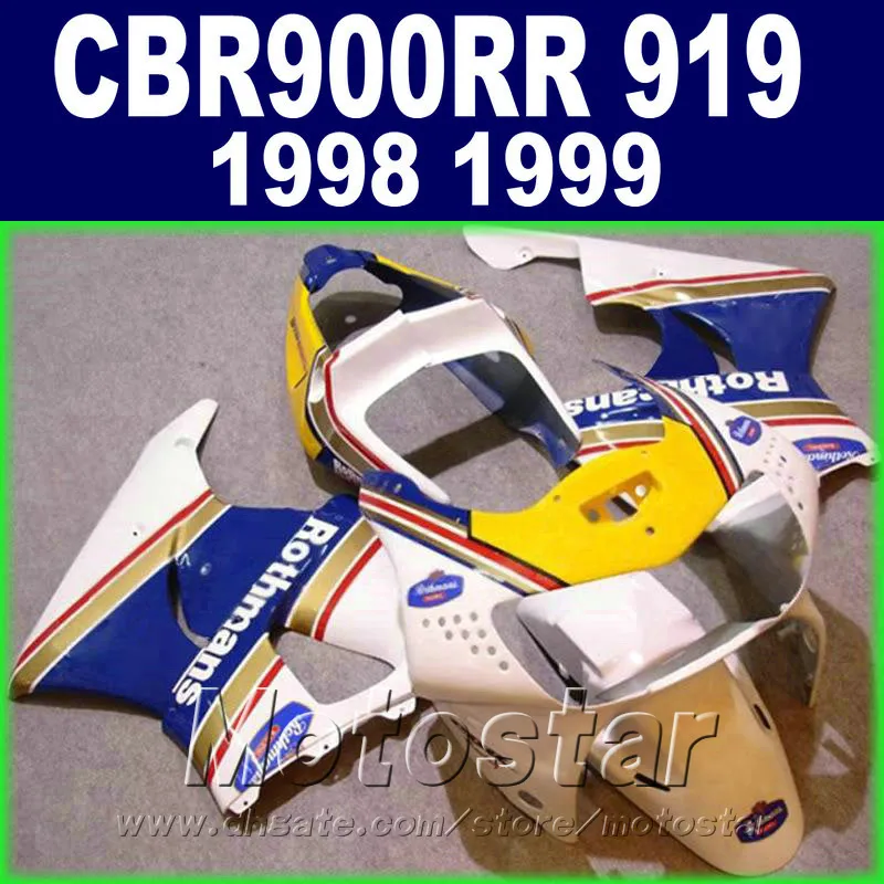 Gratis Anpassa Fairings Set för Honda CBR900 RR 98 99 CBR900RR CBR919 1998 1999 Gul Blå Vit Högkvalitativ Fairing Kit QD87