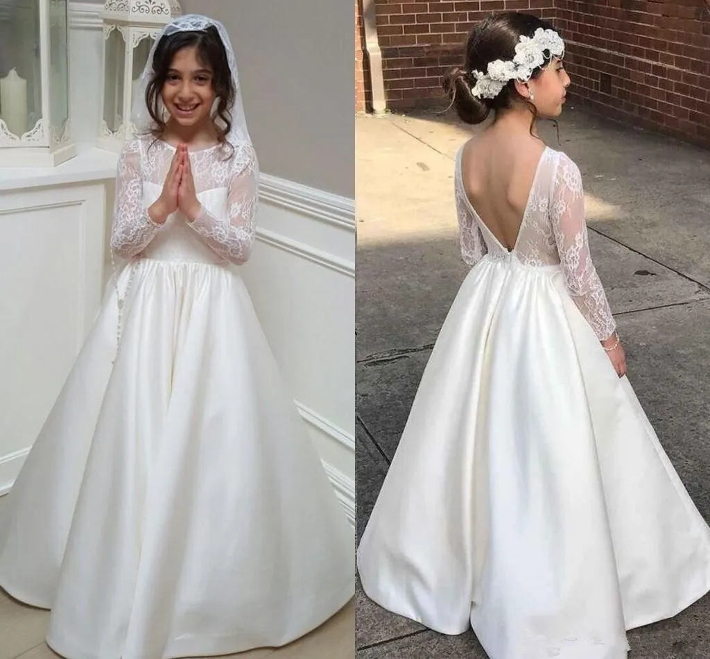 2019 robes première communion bijou dentelle manches longues v dos nu robes de mariée enfants satin une ligne robes de soirée