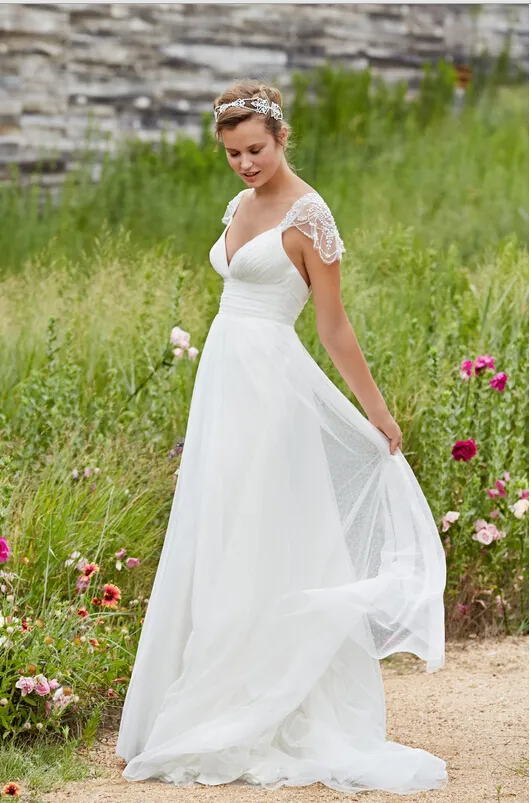 2015 Lihi Hod abito da sposa scollo a V manica corta Lombarole perline che bordano pizzo chiffon spiaggia Boho abiti da sposa bohemien