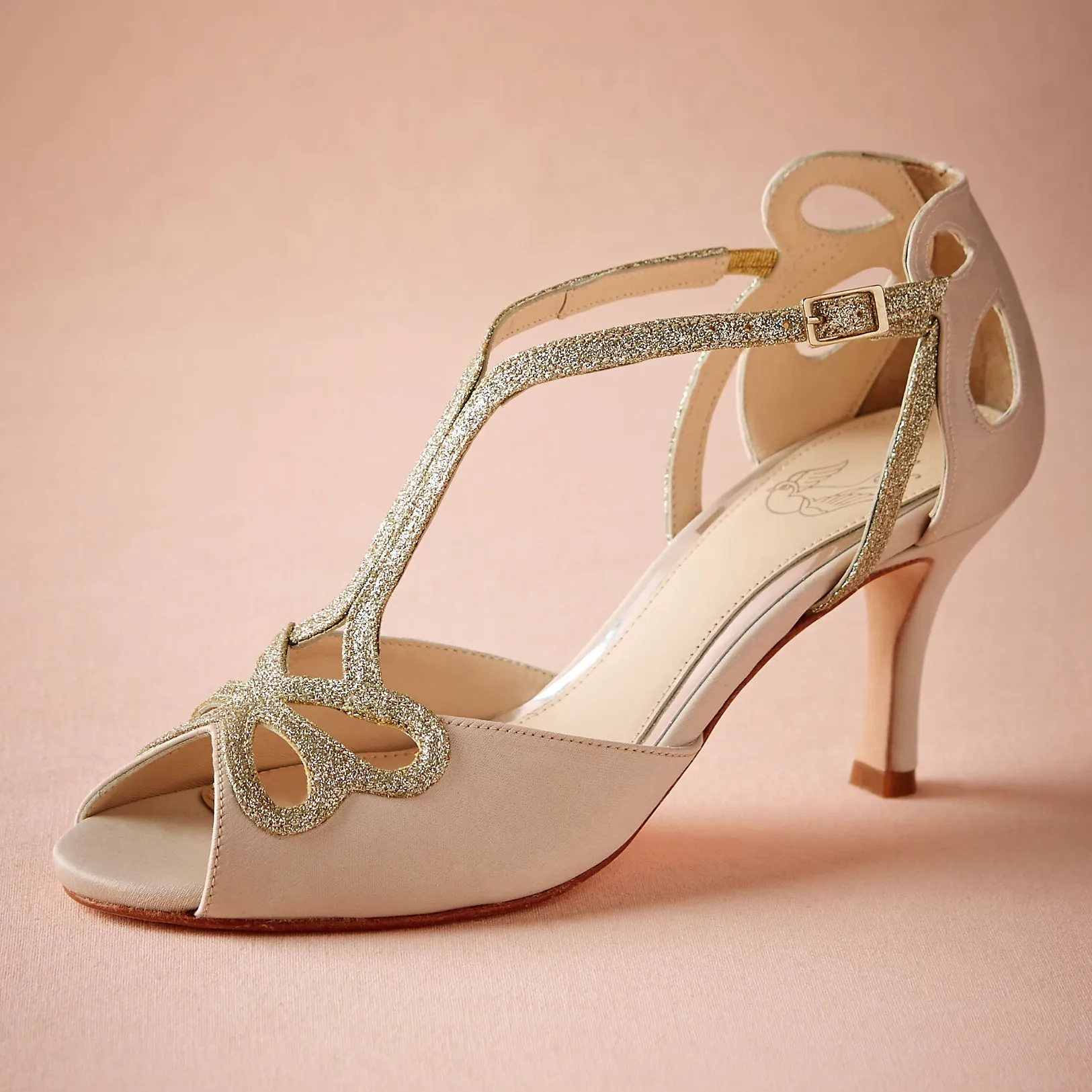 Blush chaussures de mariage à talons bas évider Peep Toe sandales de mariée pour femmes boucle 4 "talon enveloppé étincelles paillettes chaussures de bal soirée dansante