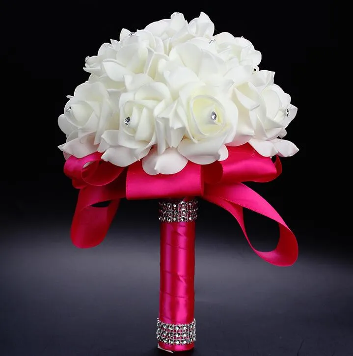 2016 Elegant Rose Artificial Bridal Flowers Bride Bouquet Wedding Bouquet Crystal Royal Blue Silk Ribbon New Buque De Noiva 6 Colo4075270