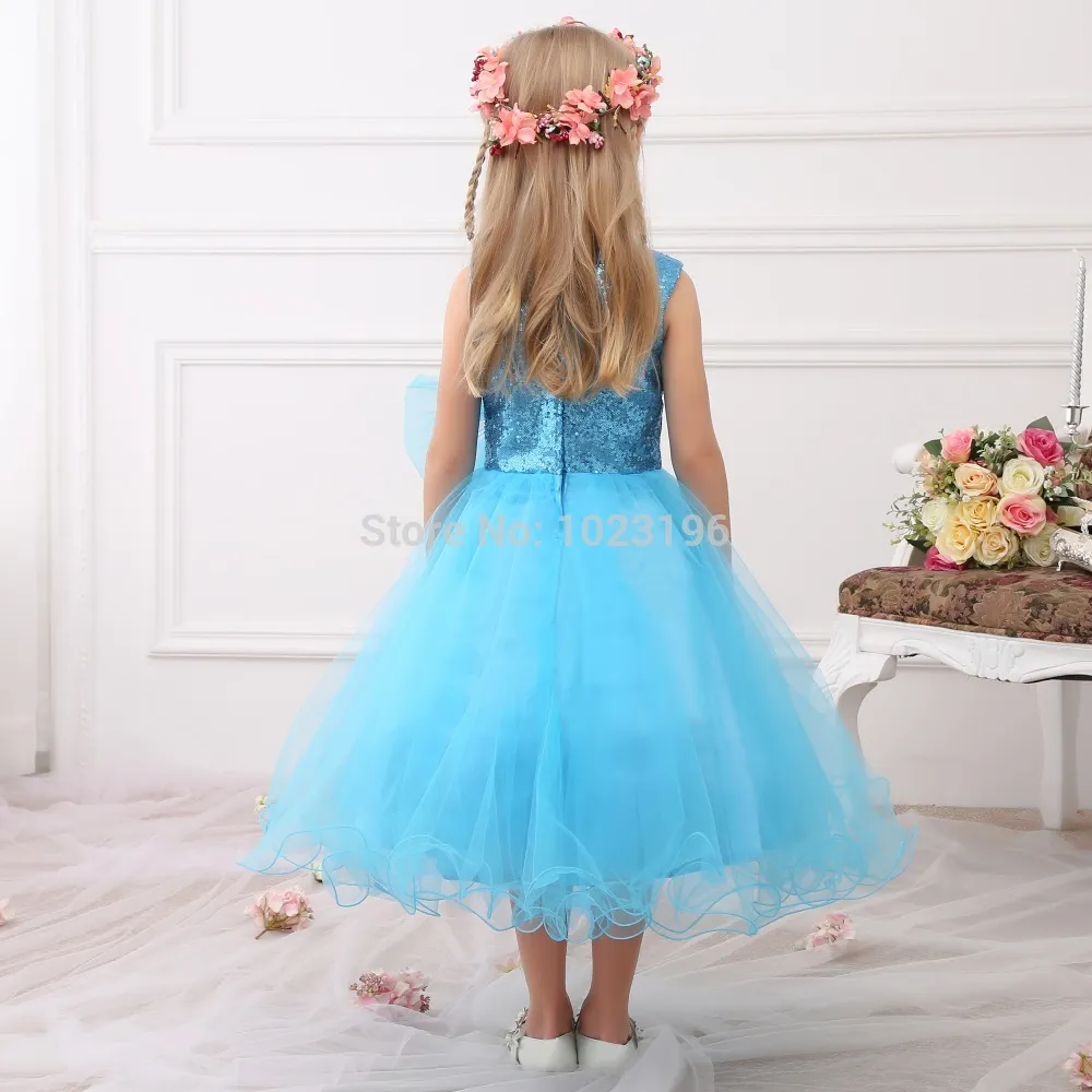 New Real Princess Blue Flower Girl's Pageant Dresses Sequins Sash Tea Length Tulle Infant Little Girl Birthday Party Dresses HY1279