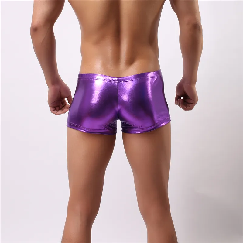 Mens Underwear Boxer Sexy Patent Faxu Leather Shining boy Penis Pouch Male Panties Swimwear Underpants Tight Boxers Shorts Men Cueca