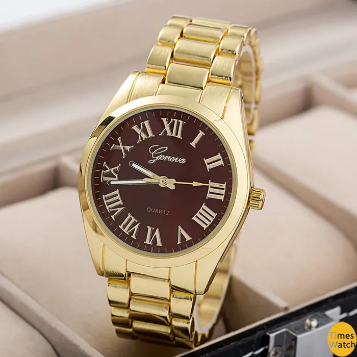 2015 neue Mode Genf Gold Römische Zahl Männer Kausalen Bussiness Uhren Quarz Edelstahl Frauen Kleid Armbanduhren standard qualität Classi