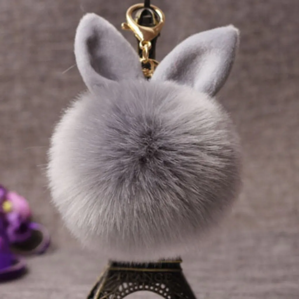 Women Fuzzy Bunny Ear Keychain Fashion Faux Rabbit Fur Keyfobs Hoder Charms Bag Keyring Fluffy Pompom Key Rings Car Pendant Kimter-D316Q A