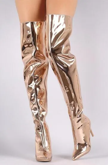2017 más nuevo Kim Kardashian Stilettos plata oro espejo cuero metálico sobre la rodilla mujeres botas moda muslo botines altos