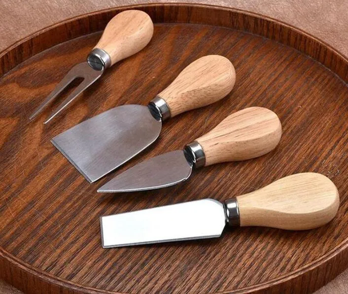 4 stks / set Kaas Nuttige Gereedschap Set Oak Handvat Mes Vork Shovel Kit Graters voor het snijden van bakken Chesse Board Sets YA1120