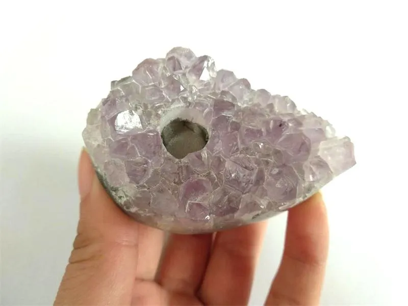 Wholesale High Quality Natural Amethyst Cluster Smoking pipes CRYSTAL quartz Tobacco Pipes healing Hand Pipes FREE POUCH