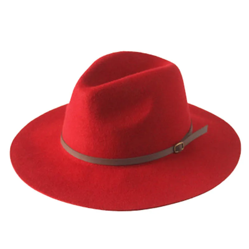 Toptan-Yeni Kubbe Haddelenmiş Saf Yün Kış Kadın Fedora Şapka Moda Stetson Şapka Kemer ile Fedoras