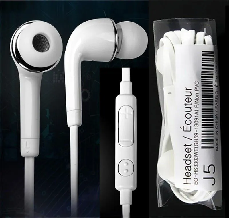 Auricolare in-ear da 3,5 mm Cuffie stereo J5 Cuffie con microfono Controllo remoto del volume Microfono Auricolari di buona qualità per Samsung S4 S5 S6
