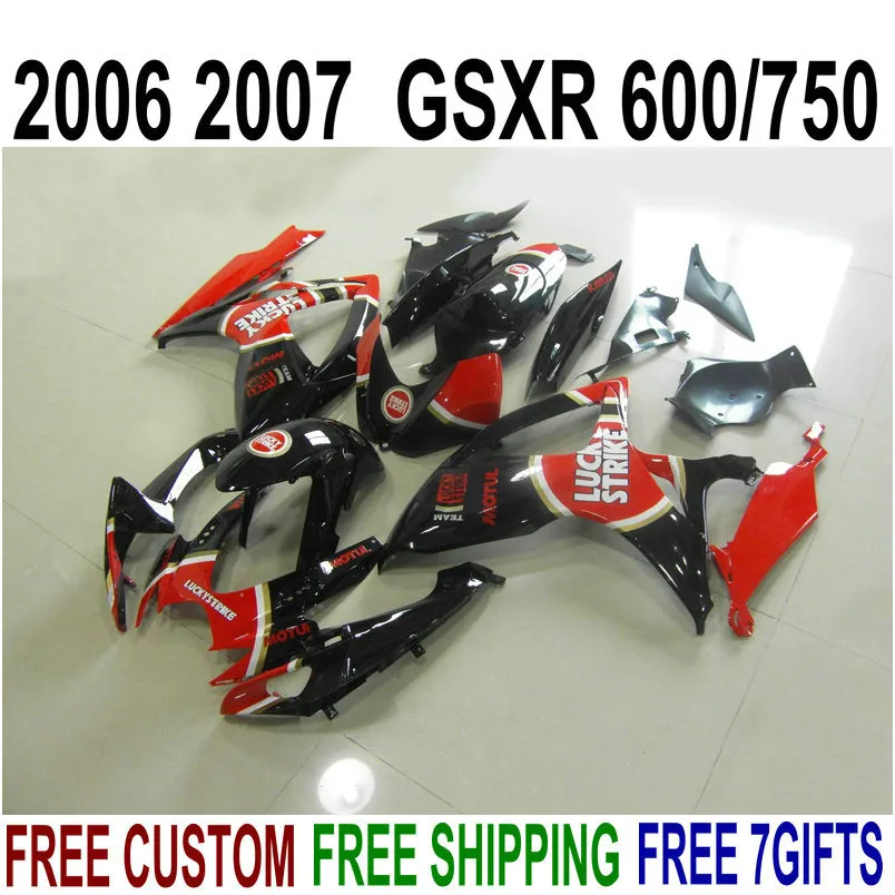 プラスチックフェアリングキット鈴木GSX-R600 GSX-R750 06 07 K6フェアリングGSXR 600/750 2007レッドブラックラッキーストライクボディワークセットv9f