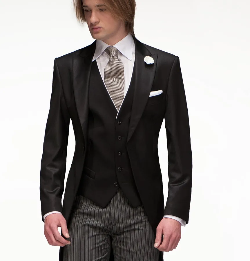 Haute Qualité Slim Fit 2015 Groom Tailcoat Noir Garçons Meilleur Mens De Mariage Costumes De Bal Pas cher Personnalisé Fait (Veste + Cravate + Gilet)