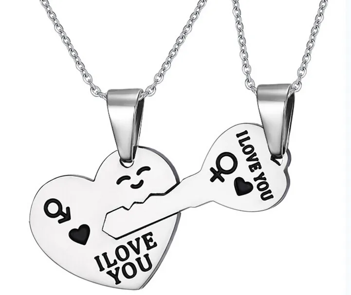 316L Stainless Steel Silver Heart and Key Puzzle Pendants Necklace for Couple I Love You Pendant