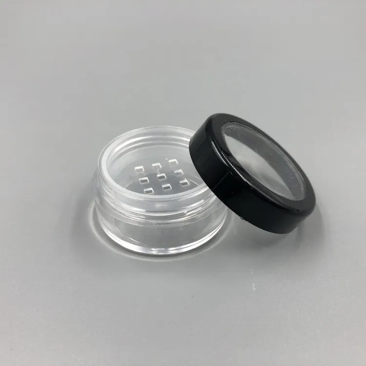 Contenedor de polvo de maquillaje transparente vacío portátil de 5ML 5G con tamiz y tapa de tornillo negro 10G caja de caja de bote de polvo suelto