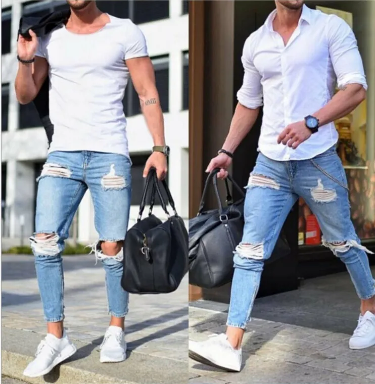 Erkek Kot Sıska Açık Mavi Delikler Ripped Kalem Pantolon Erkek Slim Fit Uzun Pantolon