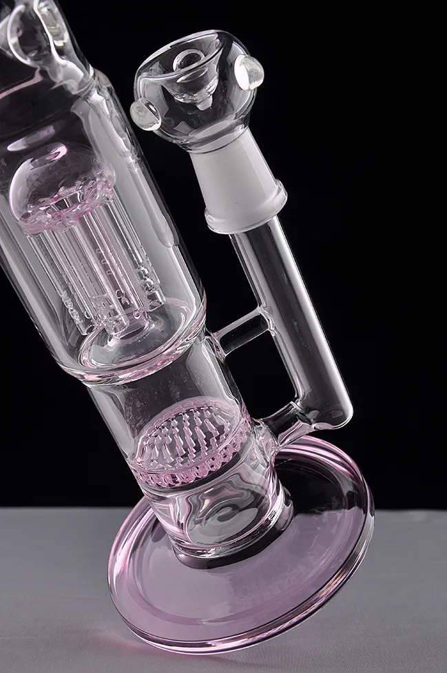 Pink Colorful High Straight Thick Glass Bongs Ice Notches 2 Function Glass Bong Glass Water Pipe Smoking Pipes Dual Perc Hookahs 18 mm