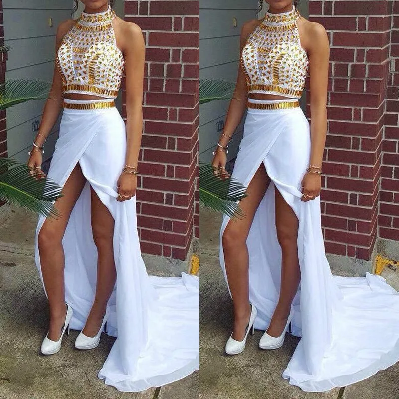 Fashion Gold and White Two Pieces Prom Dresses High Neck Halter Sleeveless Crystals Sexy High Split Chiffon Long Train Evening Gowns