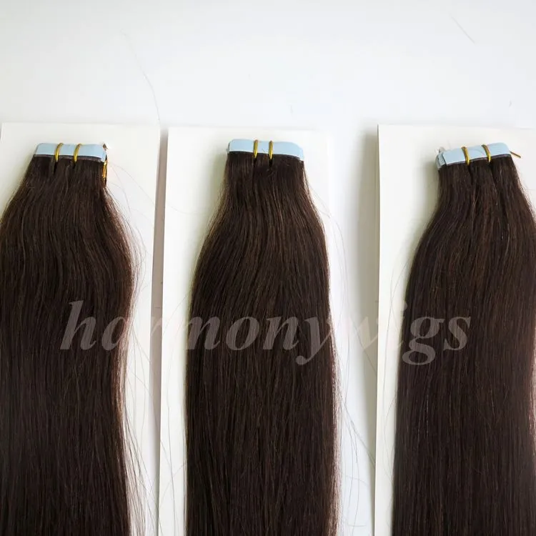 En Kaliteli 50g 20 adet İnsan saç Uzantıları Tutkal Cilt Atkı Bandı 18 20 22 24 inç # 2 / Koyu Kahverengi Brezilyalı Hint saç