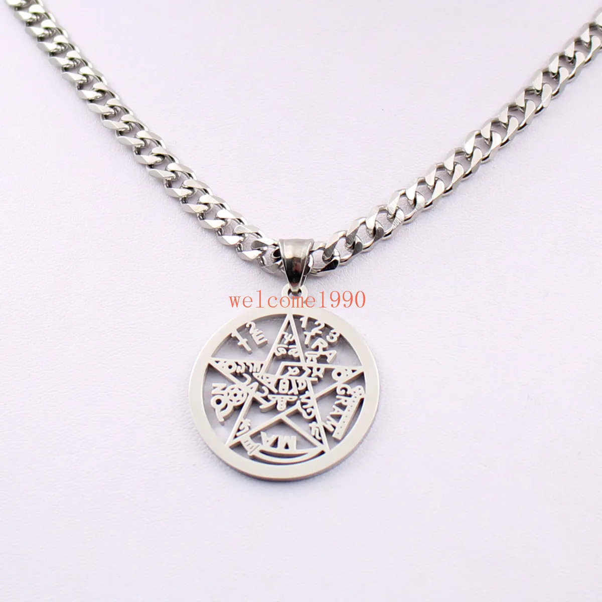 Zilveren roestvrij staal Grote 32mm geometrische religieuze geometrische Joodse pentagram Wicca hanger ketting Curb Chain 5mm 18 '' - 32 ''