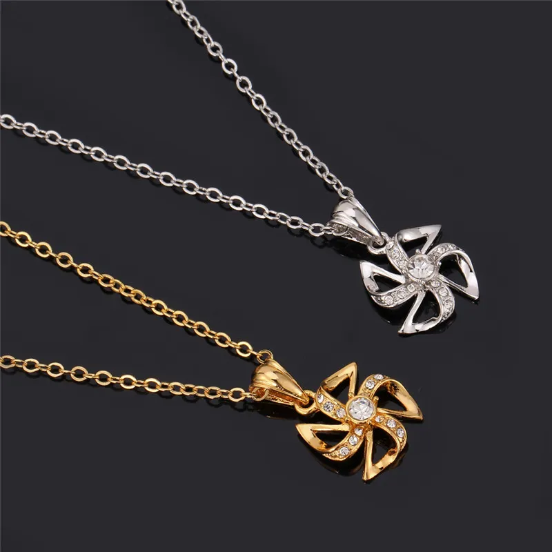 Rhinestone Pendant Necklace Stud Earrings for Women 18K Real Gold Platinum Plated Windmill Cute Fashion Jewelry Set