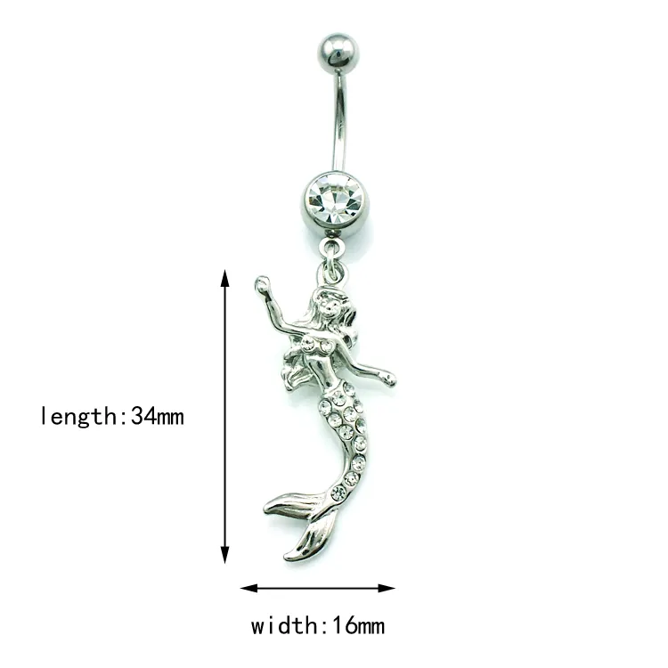 Piercing biżuteria moda pępki pierścienie ze stali nierdzewnej Barbell Dangle White Rhinestone Mermaid Belly Button Pierścienie Biżuteria