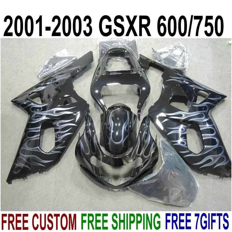 Perfekt passform för Suzuki GSXR600 GSXR750 2001-2003 Plastfeedningar Set K1 01 02 03 GSX-R 600 750 Vit Flammor Svart Fairing Kit XA95