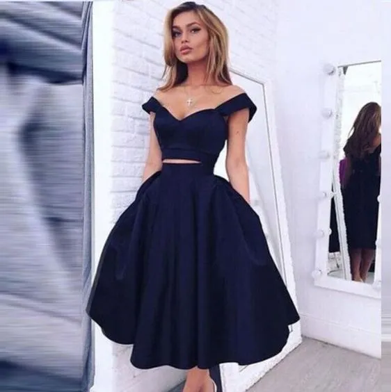 Sexy Black Cheap Dresses Evening Wear Party Gowns Off shoulder Satin Ball Gown Two Pieces Ruched Short Prom Pageant Formal Dress Gowns New