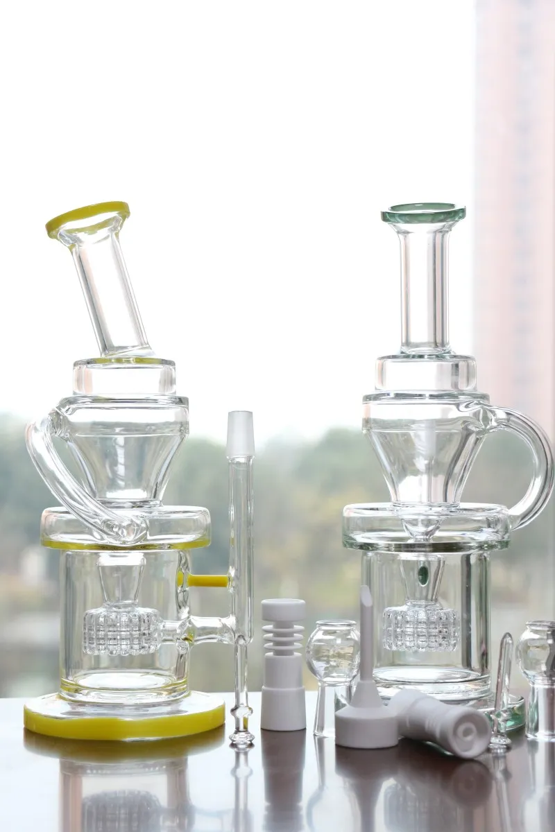 Kalın Cam Bongs Yeşil Ve Sarı En Kaliteli 14.4mm Ortak Sigara Nargile Cam Su Boruları Oril Rigs Bongs Recycler Headyshop 2016