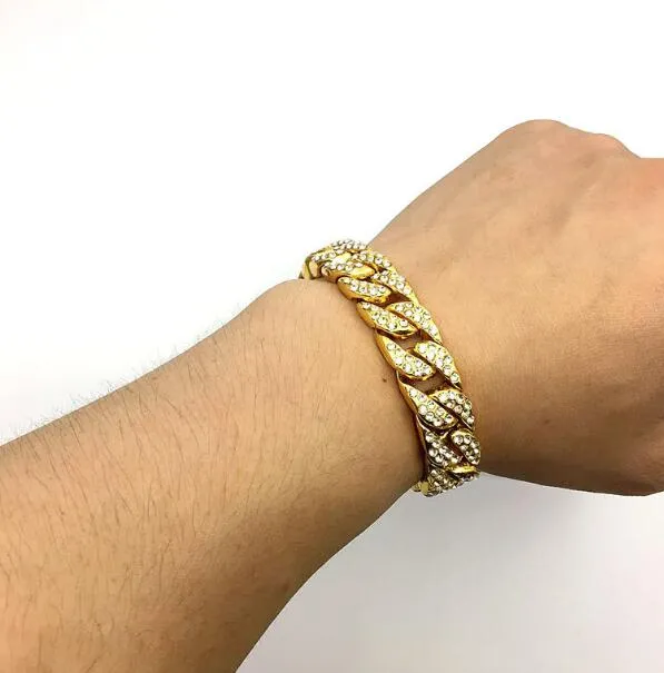 Mens Womens Chain Hiphop Iced Out Curb Cuban Link Vit Guldpläterad Armband med Clear Charm Rhinestones Diamond Bangle