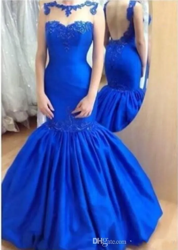 Royal Blue Mermaid платьев вечера высокого качества мантий выпускного вечера Sheer Бато шеи Кружева Аппликации вышивки Труба вечерние платья