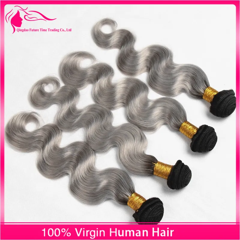 Péruvien Ruban Gris Vierge Bundles de Cheveux Humains # 1B / Gris Ombre Extensions de Cheveux Corps Vague 2 Ton Ombre Cheveux Tisse