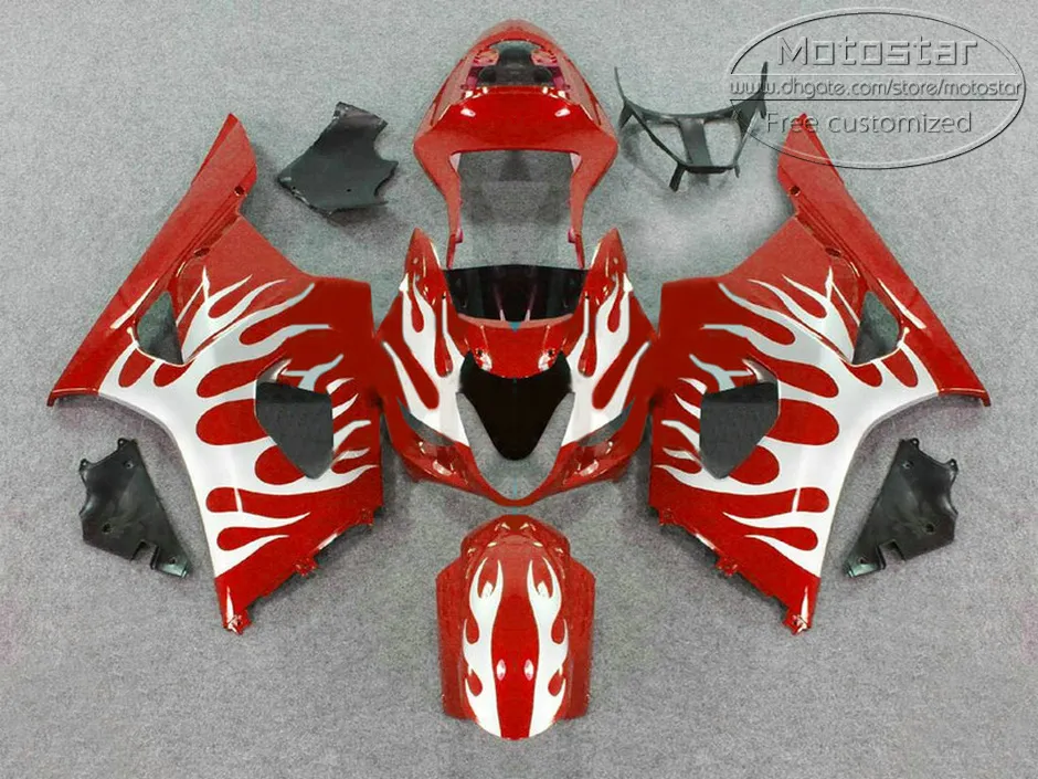 طقم هياكل بلاستيك لـ SUZUKI GSXR 1000 K3 k4 2003 2004 لهيب أبيض في مجموعة fairing red GSX-R1000 03 04 fairings set BP24