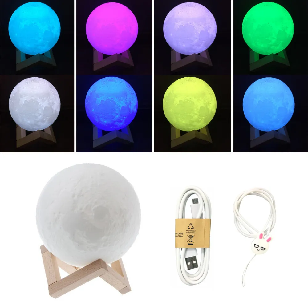 Uppladdningsbar nattljus 3D Print Moon Lamp 9 Färgbyte Touch Switch sovrum bokhylla nattljus heminredning kreativ gåva2611775