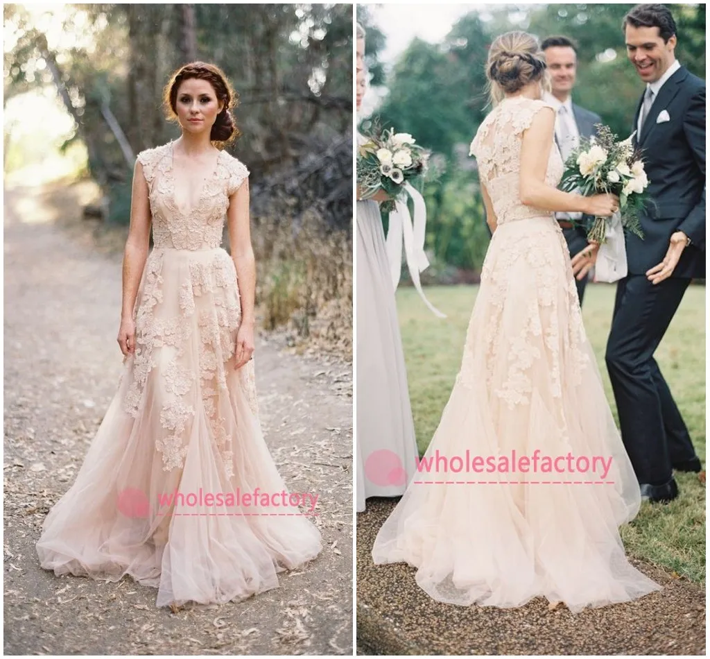 DHgate Cheap Blush Champagne V Neck Lace Wedding Dresses Reem Acra Puffy A Line Bridal Gowns Vintage Country Garden Wedding Dresses BO6089 Apparel