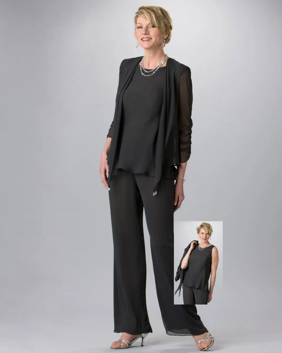 Mother Of The Mother Of Bride Pantsuits Set Black Chiffon Evening Jacket  For Formal Beach Party Wedding Wear From Lilliantan, $101.76