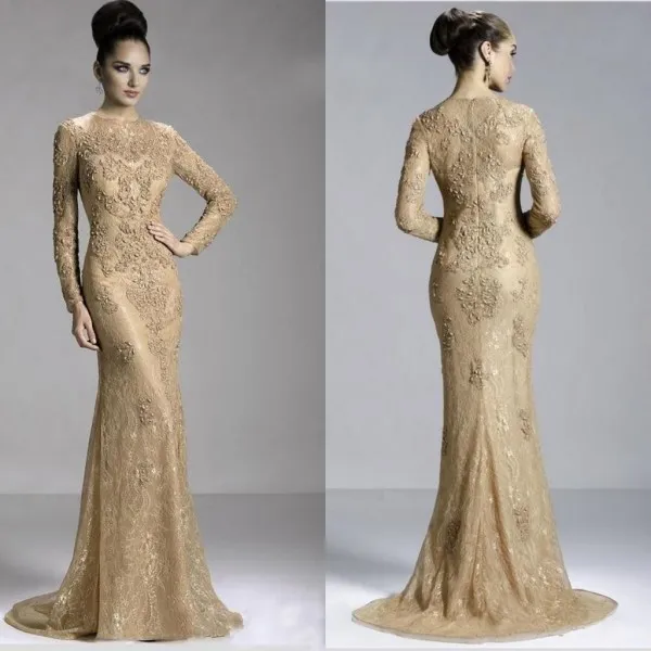 Guld sexig långärmad juvel kväll klänning dragkedja svep tåg formella klänningar med applikationer arabisk klänning spets
