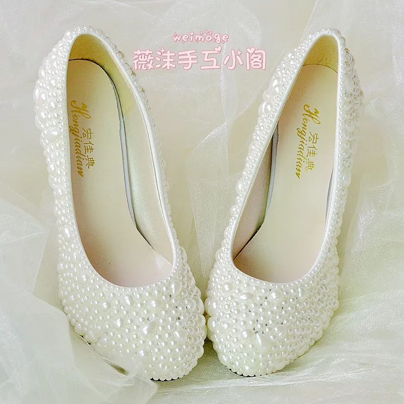 Handgemaakte Pearl Trouwschoenen 2015 Nieuwe Flat 4.5 cm 8 cm hak ivoor kitten hak bruids schoenen op maat gemaakte maat schoenen bruidsmeisje schoenen slip-ons