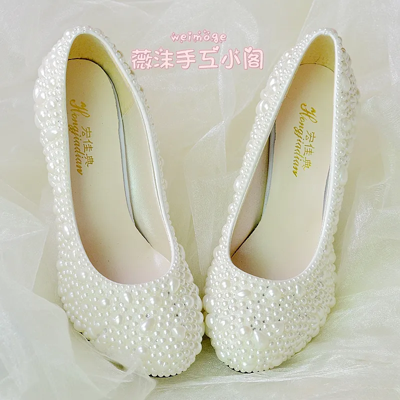 Handmade Pérola Sapatos de Casamento 2015 Novo Plano 4.5 cm 8 cm Salto Marfim Gatinho calcanhar Sapatos De Noiva Custom Made Tamanho Sapatos Sapatos de Dama de Honra Slip-ons