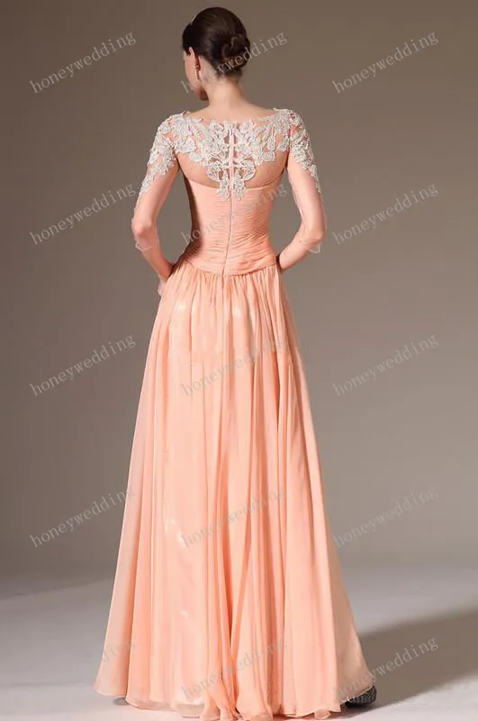 New Arrival Bridesmaid Dresses Chiffon Lace Peach Sheath Color Half Sleeve Evening Gowns Sheer Bateau Neck Long Honor Of Maid Dres4739185