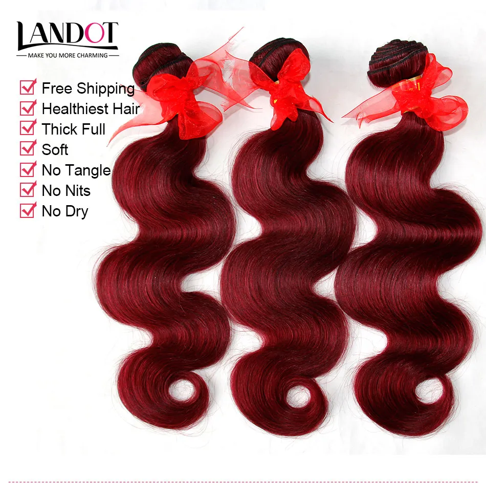 Bourgogne Brasilianska Virgin Hair Weave Bundlar Brasiliansk kroppsvåg Vågigt hår 3st Vin Röd 99J Billiga Human Hair Extensions Tangle Gratis