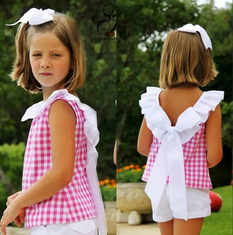 toddler barnkläder baby flicka kläder 2018 sommar ärmlös plaid skjorta ruffles back bow toppar + shorts byxor barn kläder set