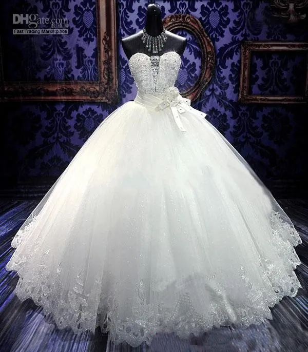 Najnowsze suknie ślubne Suknia Balowa Sweetheart Długość podłogi Białe Tulle Dżetów Prawdziwe Przykładowe Zamek Bling Suknie Ślubne