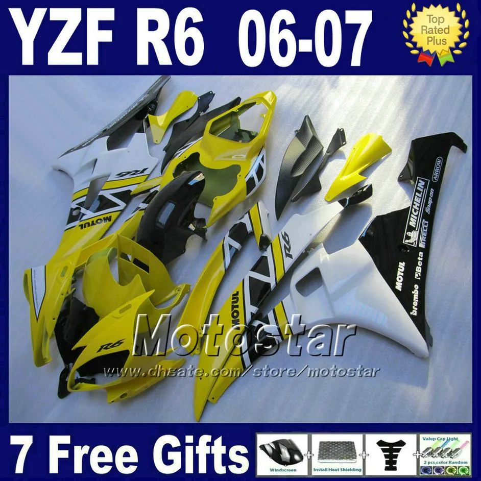 100% spuitgieten voor Yamaha R6 Fairing Kit 2006 2007 Wit Geel YZF R6 Verkleiningen 06 07 + Gratis Cowl