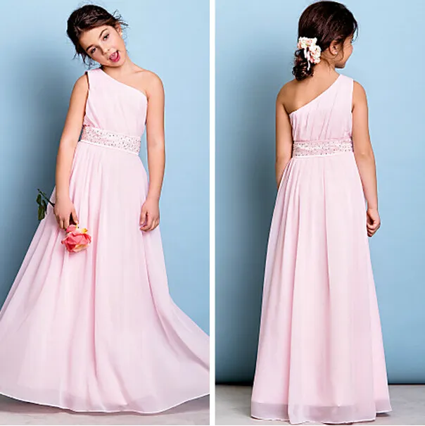 FEESHOW One Shoulder Flower Girls Dress - Long Chiffon Gown For Junior Bridesmaid, Wedding, Party - View #3