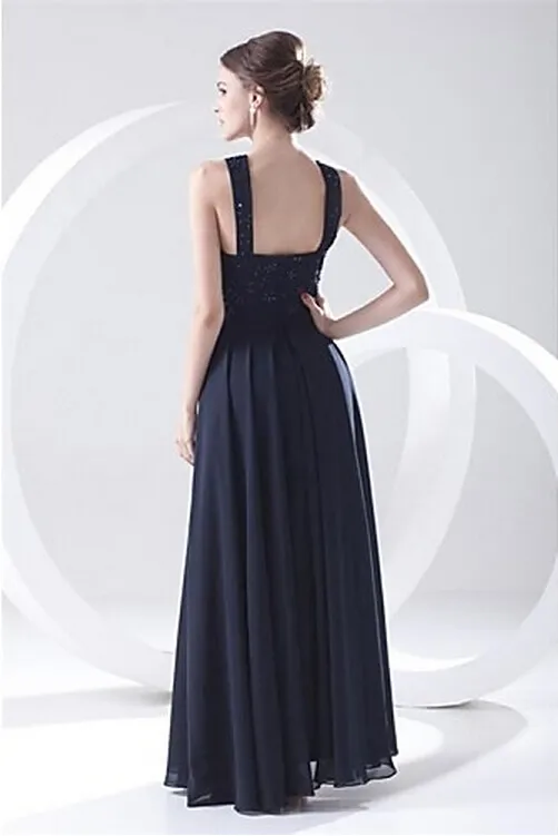 Nieuwe Formele Avondjurk Dark Navy Plus Maten Petite A-Line Juweel Vloer-lengte Chiffon Kant en Kralen Bruidsmeisjes Jurk