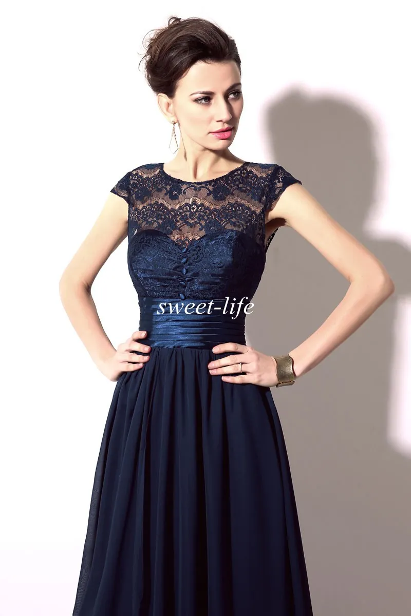 2020 Navy Blue Lace Bridesmaid Dresses Sheer Neck Sash Short Sleeve Vintage Evening Gowns Prom Mother of the Bride Dresses9434951