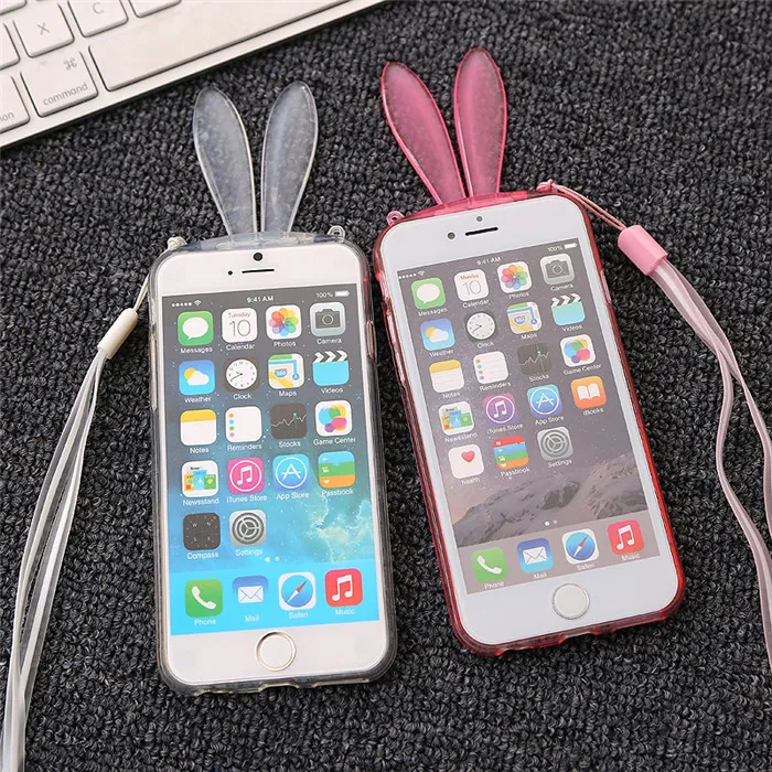 Cartoon Rabbit Oor Zachte Clear Stand Phone Case Bunny Transparent Cover met Lanyard voor iPhone 5 6 6 S Plus Samsung S4 S5 S6