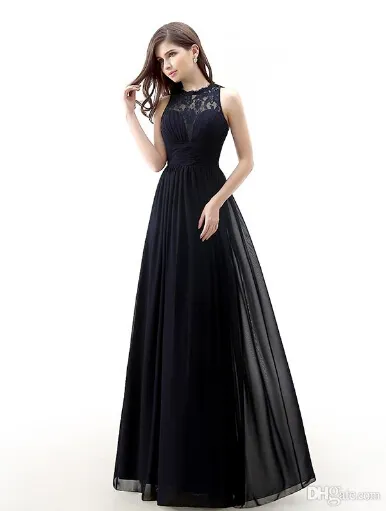 2019 Navy Blue Bridesmaid Dresses Chiffon Long Floor Längd Empire Waist Maid of Honor Jewel Neck Sheer Zipper Lace Back Honor Bridal Gowns