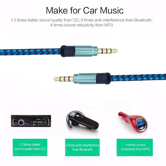 1.5M 5ft 3m 10ft nylon weaving 3.5mm Aux o Auxiliary Cable Jack Male to Male Plug Stereo Cord Wire for samsung iphone HTC LG smart phon5907886