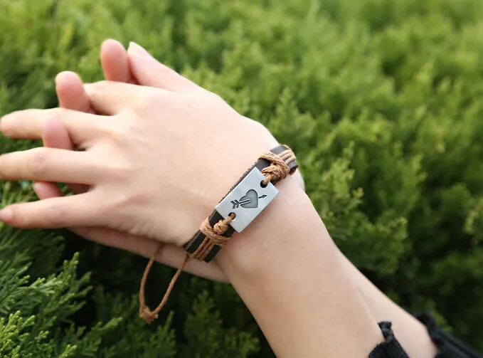 2015 nieuwste versie punk stijl 100% lederen armband handgemaakte man vrouw cupid's pijl touw verstelbare armband / 
